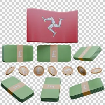 3D render illustration of Isle of Man flag and currency called Pound Stock Illustration
