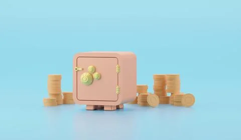 3d render illustration Isometric pink Safe box with coins front view Stock Illustration