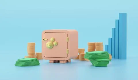 3d render illustration. Isometric pink Safe box with coins front view with chart 스톡 일러스트