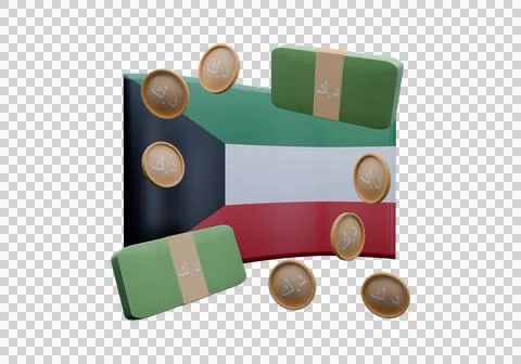 3D render illustration of Kuwait flag and currency called Dinar Stock Illustration
