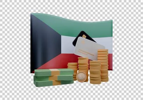 3D render illustration of Kuwait flag and currency called Dinar Stock Illustration