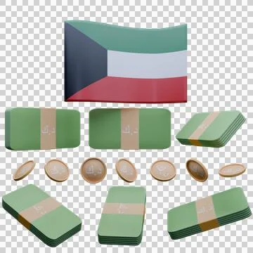 3D render illustration of Kuwait flag and currency called Dinar Stock Illustration