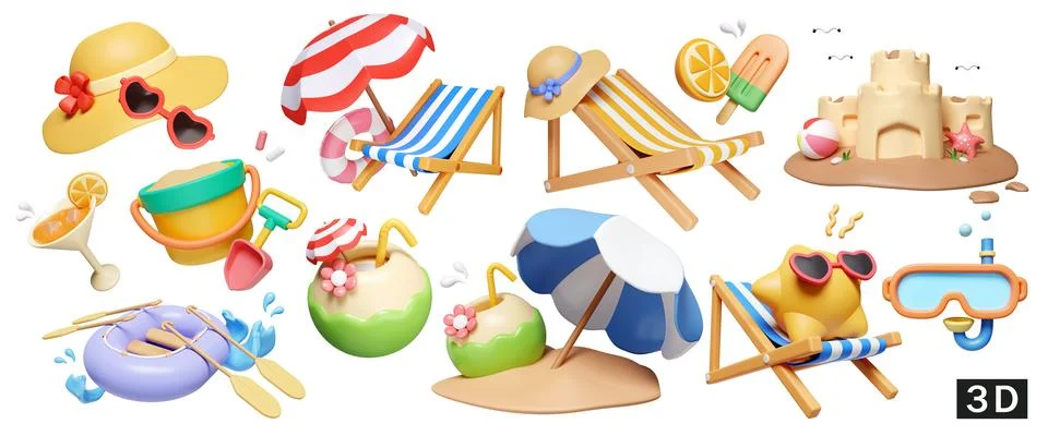 3d render illustration. a large collection of icons on the theme of summer for Stock Illustration