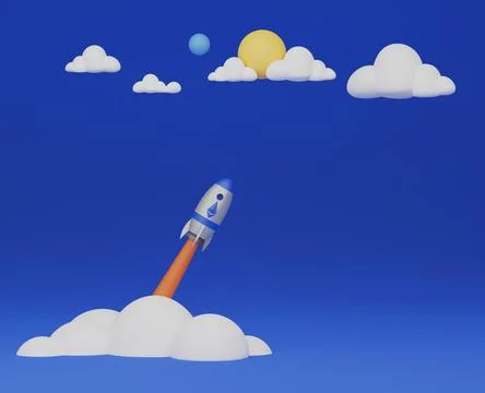 3d render illustration Launching rocket model taking off Cartoon style Stock Illustration