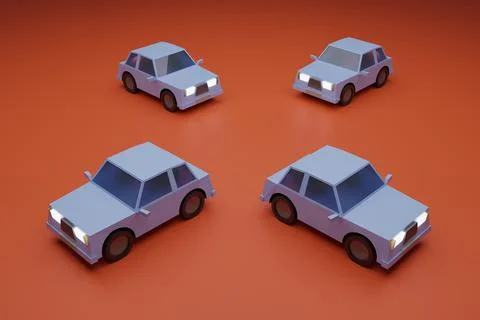 3D render illustration of a low poly light blue car on an orange background 스톡 일러스트