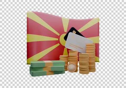 3D render illustration of Macedonia flag and currency called Dinar Illustrazione stock