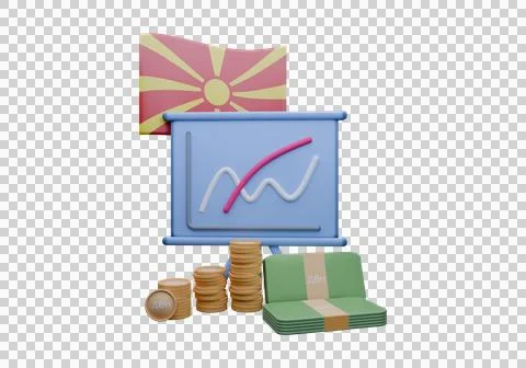 3D render illustration of Macedonia flag and currency called Dinar Illustrazione stock
