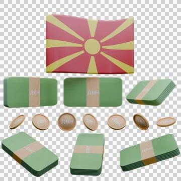 3D render illustration of Macedonia flag and currency called Dinar Illustrazione stock