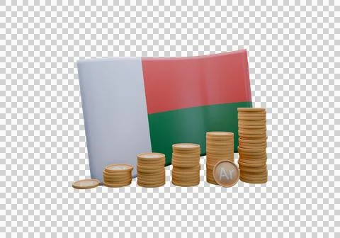 3D render illustration of Madagascar flag and currency called Ariary Illustrazione stock
