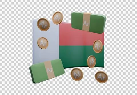 3D render illustration of Madagascar flag and currency called Ariary Stock Illustration