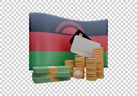 3D render illustration of Malawi flag and currency called Kwacha Stock Illustration