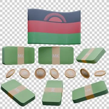 3D render illustration of Malawi flag and currency called Kwacha Stock Illustration