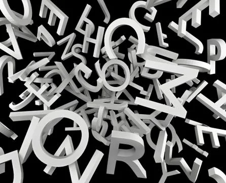 3d render illustration of many white letters on black background Stockillustratie