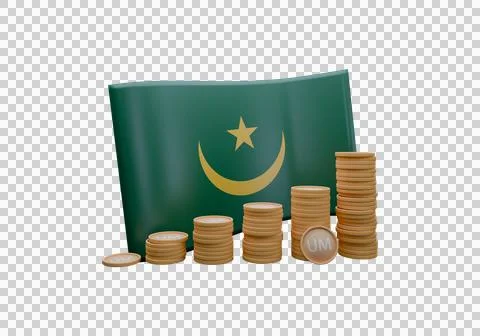3D render illustration of Mauritania flag and currency called Ouguiya Stock Illustration
