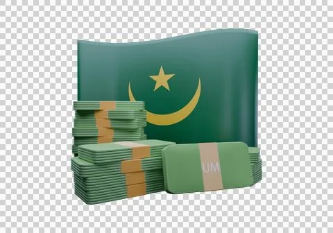 3D render illustration of Mauritania flag and currency called Ouguiya Illustrazione stock