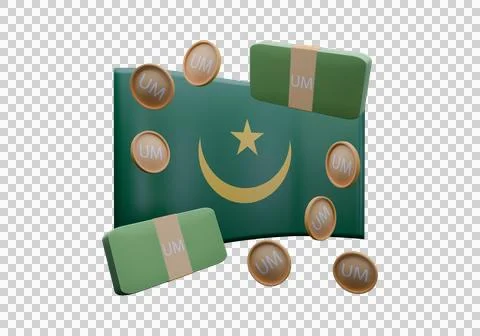 3D render illustration of Mauritania flag and currency called Ouguiya Stock Illustration