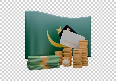 3D render illustration of Mauritania flag and currency called Ouguiya Stock Illustration
