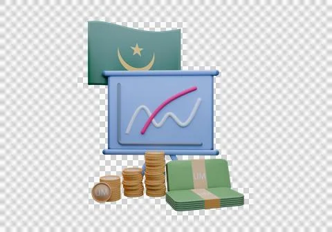 3D render illustration of Mauritania flag and currency called Ouguiya Stock Illustration