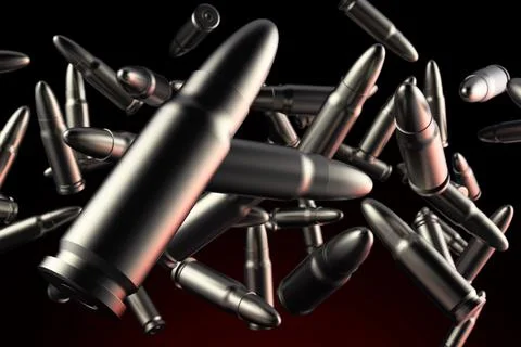3d render illustration of metal bullets flying on dark background. Illustrazione stock