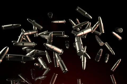 3d render illustration of metal bullets flying on dark background. Illustrazione stock