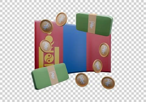 3D render illustration of Mongolia flag and currency called Tugrik Stock Illustration