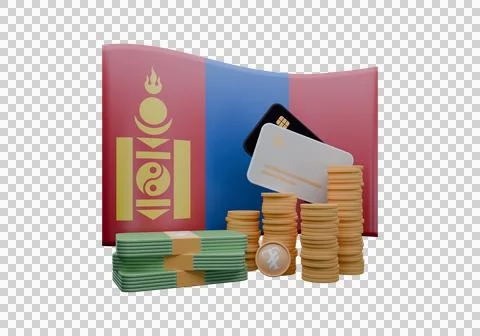 3D render illustration of Mongolia flag and currency called Tugrik Stock Illustration