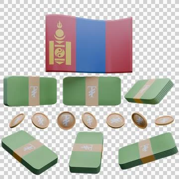 3D render illustration of Mongolia flag and currency called Tugrik Stock Illustration