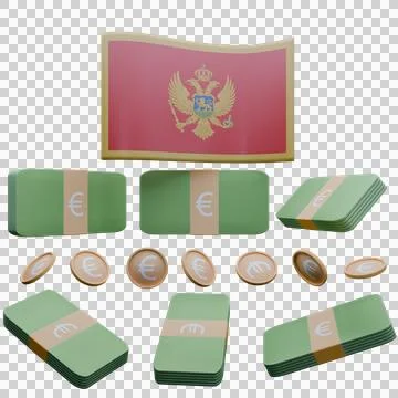 3D render illustration of Montenegro flag and currency called Euro Stock Illustration
