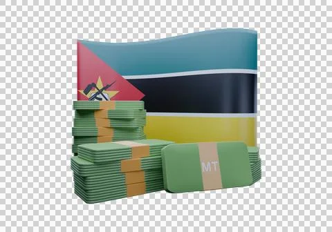 3D render illustration of Mozambique flag and currency called Metical Illustrazione stock