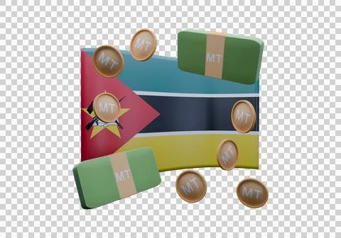 3D render illustration of Mozambique flag and currency called Metical Stock Illustration