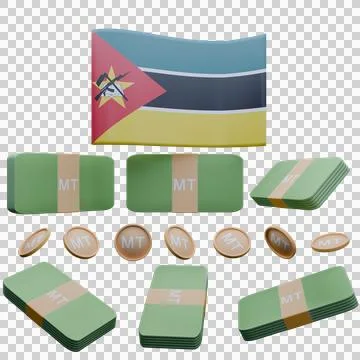 3D render illustration of Mozambique flag and currency called Metical Stock Illustration