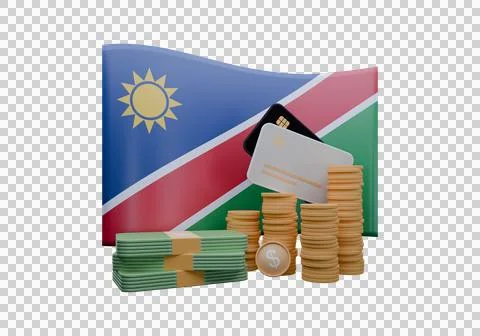 3D render illustration of Namibia flag and currency called Dollar Stock Illustration