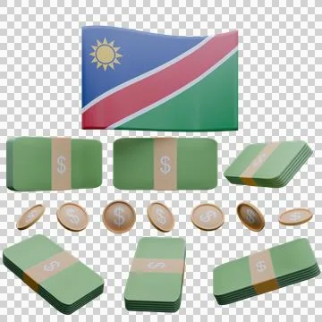 3D render illustration of Namibia flag and currency called Dollar Illustrazione stock