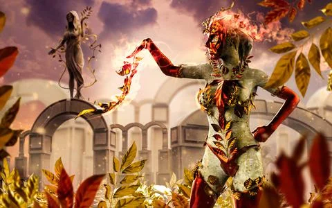 3d render illustration of nature nymph goddess creature with golden leafs. Stock Illustration