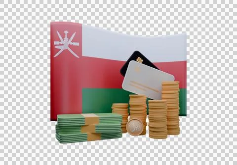3D render illustration of Oman flag and currency called Rial Stock Illustration