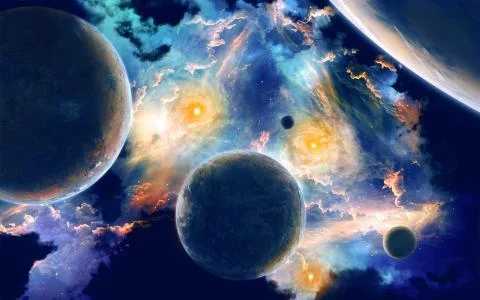 3d render illustration of planets in powerful bright nebula galaxy Stock Illustration