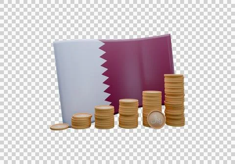 3D render illustration of Qatar flag and currency called Rial Illustrazione stock