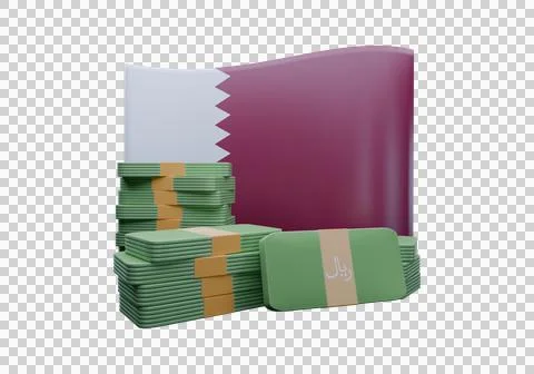 3D render illustration of Qatar flag and currency called Rial Stock Illustration