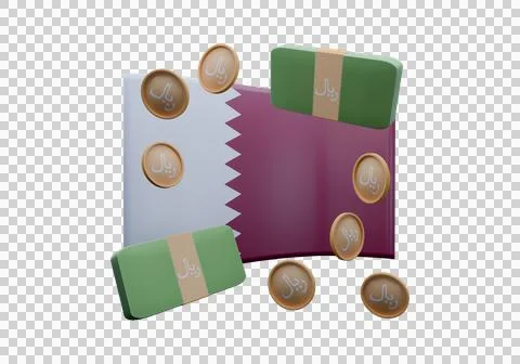 3D render illustration of Qatar flag and currency called Rial Stock Illustration