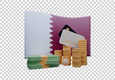 3D render illustration of Qatar flag and currency called Rial Stock Illustration