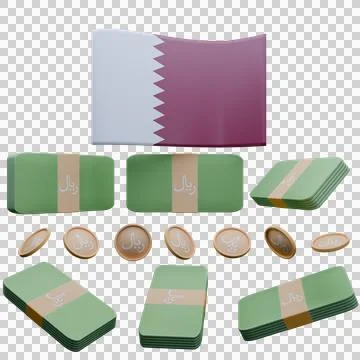 3D render illustration of Qatar flag and currency called Rial Stock Illustration
