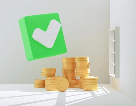 3D render illustration Realistic check mark button on blue background 스톡 일러스트