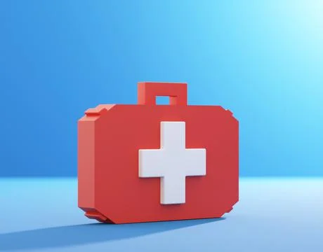 3d render illustration Red color first aid kit on a blue background. 스톡 일러스트
