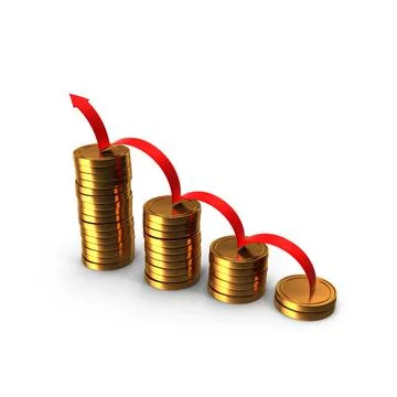 A 3D render illustration of a red line bouncing up on the stacks of gold coin Illustrazione stock