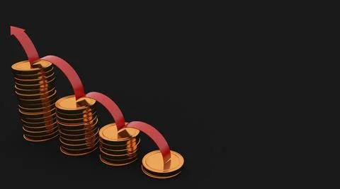 A 3D render illustration of a red line bouncing up on the stacks of gold coin Illustrazione stock