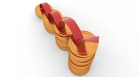 A 3D render illustration of a red line bouncing up on the stacks of gold coin Stock Illustration