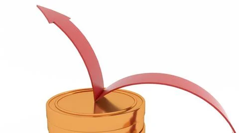 A 3D render illustration of a red line bouncing up on the gold coin on a whit Stock Illustration