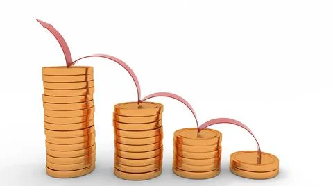 A 3D render illustration of a red line bouncing up on the stacks of gold coin Illustrazione stock