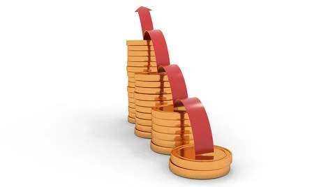 A 3D render illustration of a red line bouncing up on the stacks of gold coin Illustrazione stock