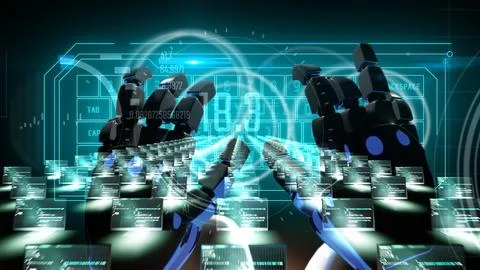 3d render illustration of robot hand typing on virtual keytboard with pc compute Illustration